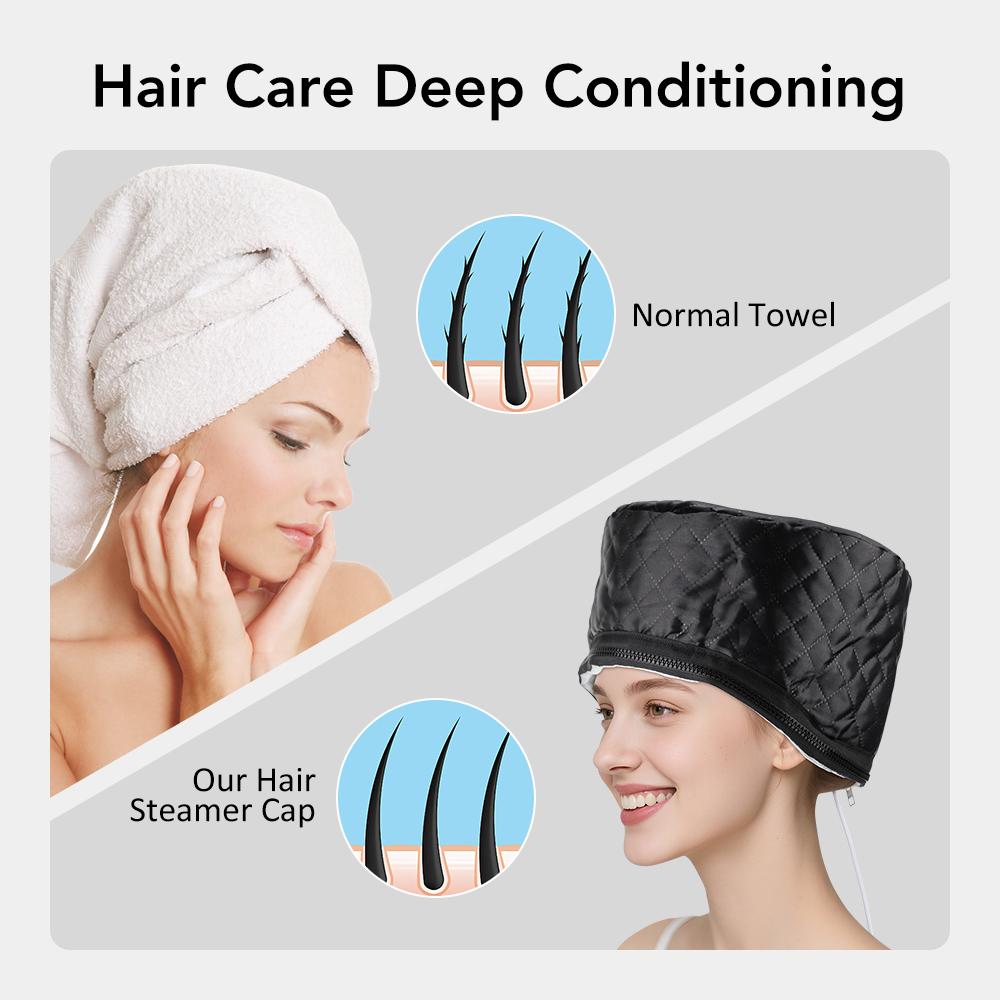 Home Salon Hair Steamer Cap Women Electric Portable Heating Hat Hair Oil Baking Mask Cap 3 Timer Deep Conditioning Bonnet Black