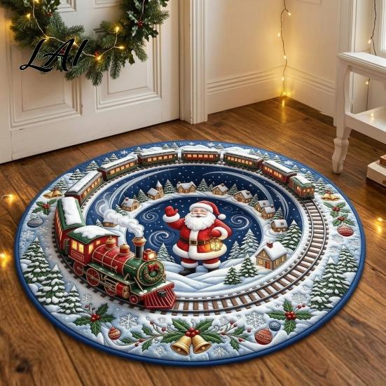 Modern Holiday Home Accents Round 3D Christmas Rug Vortex Optical Illusion Area Santa Snowman Staircase Quiet Play Mat for Kids Depth Pattern,