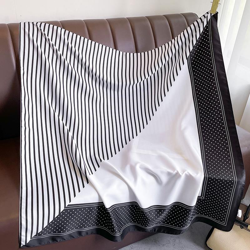 Korean Version of Polka Dot Striped Printed Square Scarf for Women New Style Exterior Shawl Square Silk Scarf