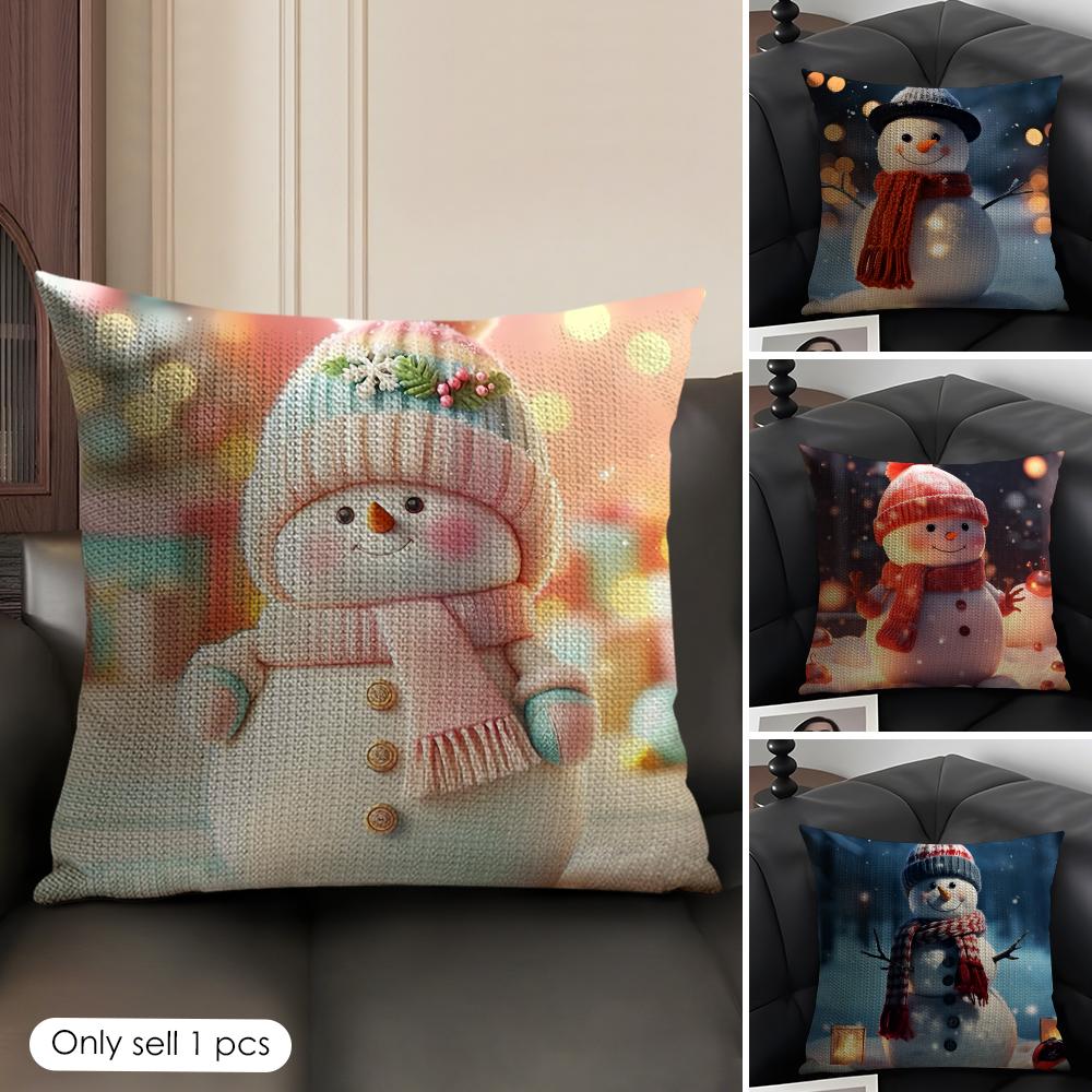 cute cartoon Winter Snowman Cushion Cover Natural Linen Organic Fabric DoubleSided Printing Sofa Home Decor Gift Pillow Case