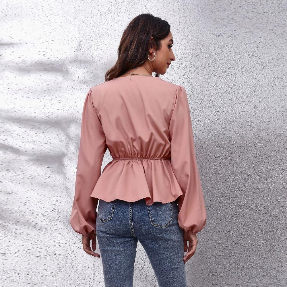 GMXIA Женские модные повседневные однотонные блузки и рубашки с v-образным вырезом и длинным рукавом с принтом