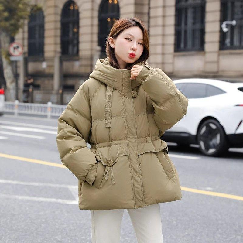 Womens Plus Size Puffer Jacket With Drawstring Waist Thick Warm Cotton Fill Hooded Short Coat Fall Winter