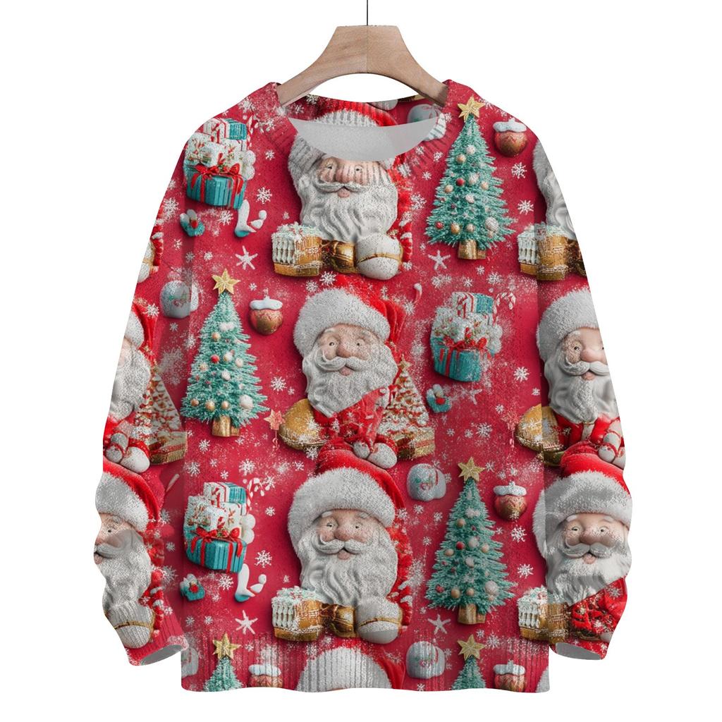 Women's Fashion Round Neck Casual Long Sleeve Christmas Cute Printed Woolen Knit Top