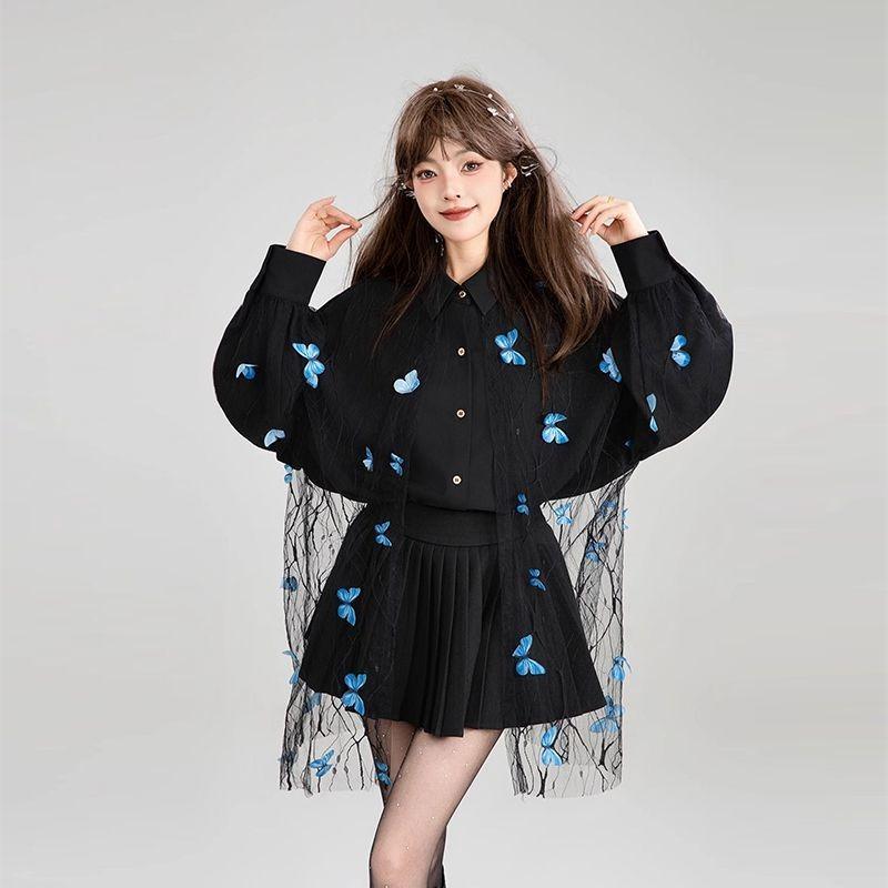 Three Dimensional Butterfly Lace Women's Shirt Black New Lapel Button Up Blouse Spring Autumn Loose Fashion Woman Top