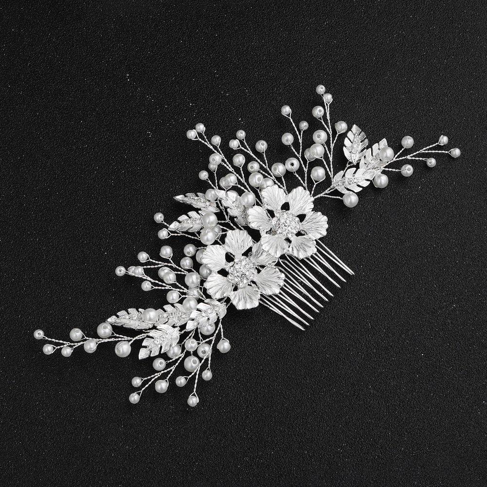 Сделанный вручную свадебный гребень для волос с цветком из жемчуга и страз и листьями