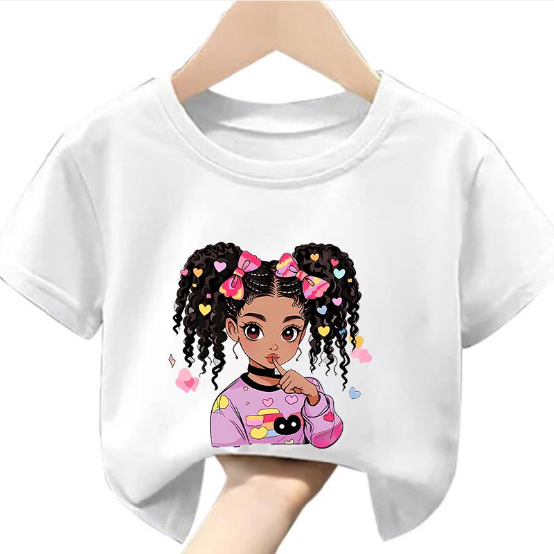 Colorful Cute BLACK GIRL Print Girls Soft and Stretchy Round Neck Short Sleeve T-shirt Kids Clothes Clothes Girls Clothes
