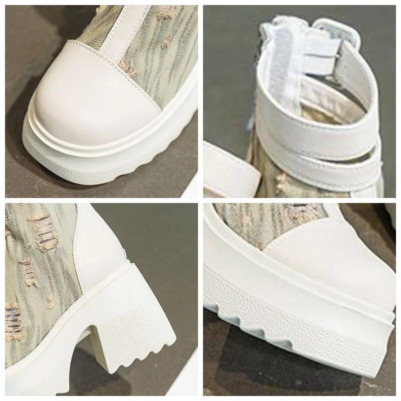 Джинсовые ботинки Fujin из натуральной кожи 10 см, осенне-весенние женские мотоциклетные ботильоны, модная обувь на платформе до середины икры на толстом каблуке