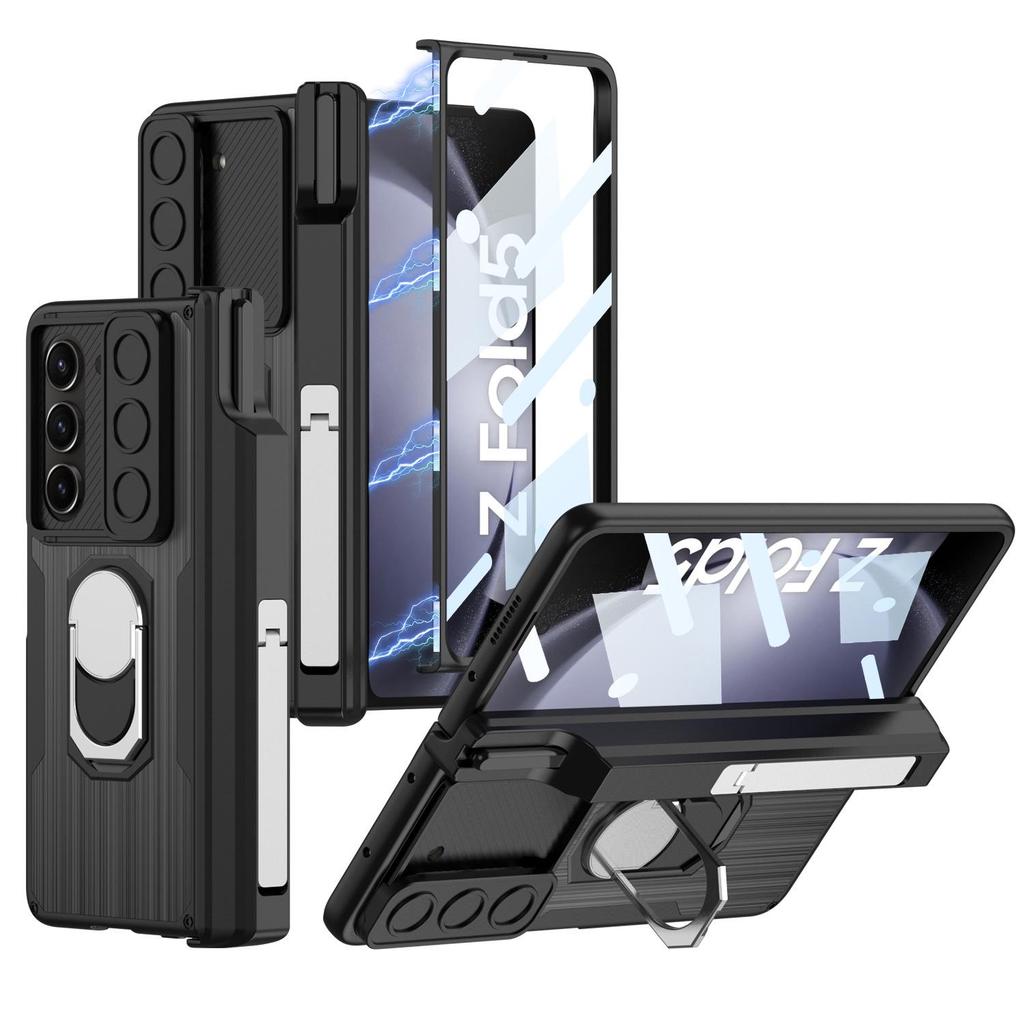 Магнитный кожаный бронированный чехол для Samsung Z Fold 5 с окошком для камеры и держателем для стилуса
