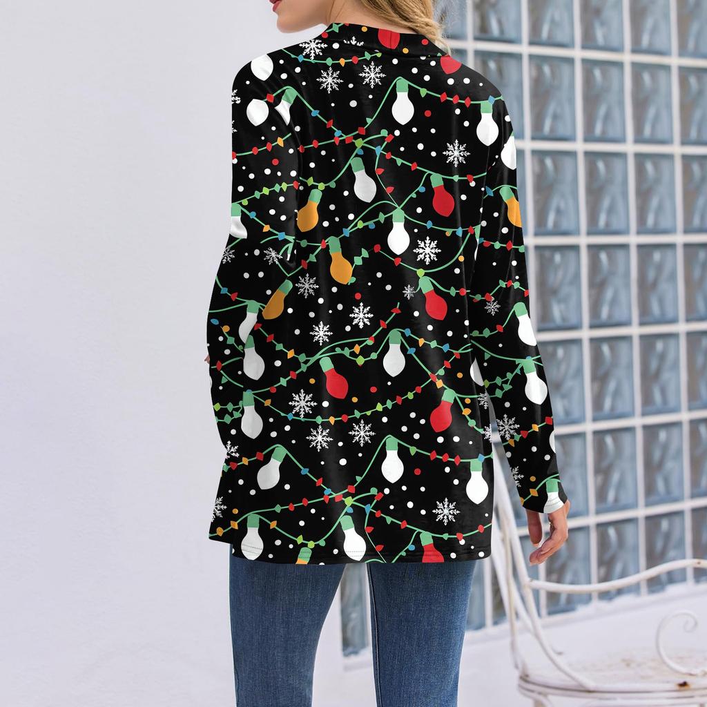 Женский рождественский кардиган с принтом, легкий, с длинными рукавами, повседневный, свободного кроя, тонкий, с карманами, куртка-кардиган