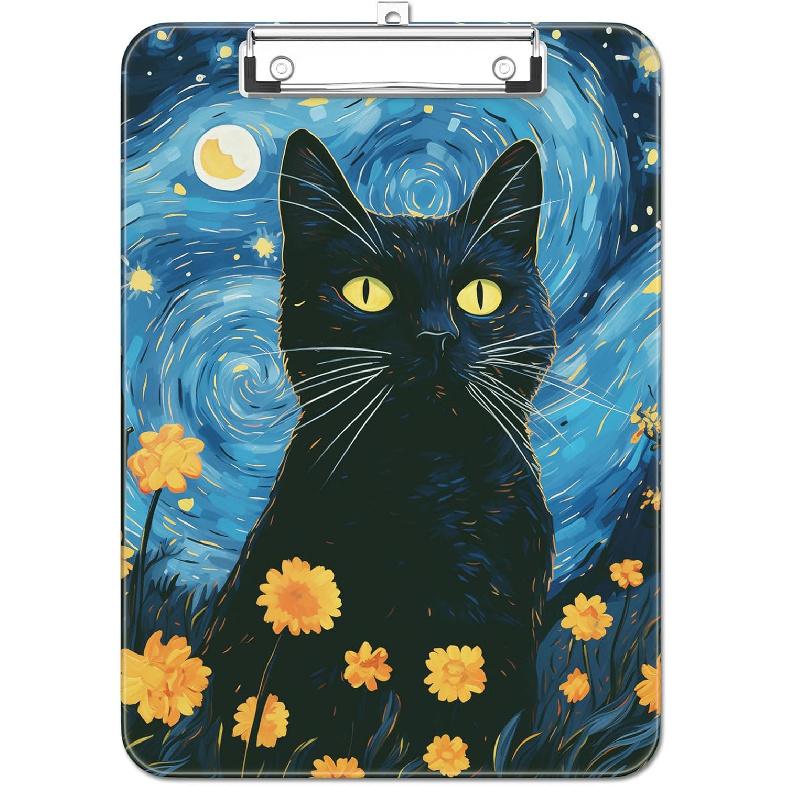 Plastic Cute Clipboard Low-Profile Metal Clip, A4 Letter Size 9 x 12.5 in, 8.5 x 11 Paper Clip Board for Teachers, Nurses, Classroom,Cute Black Cats
