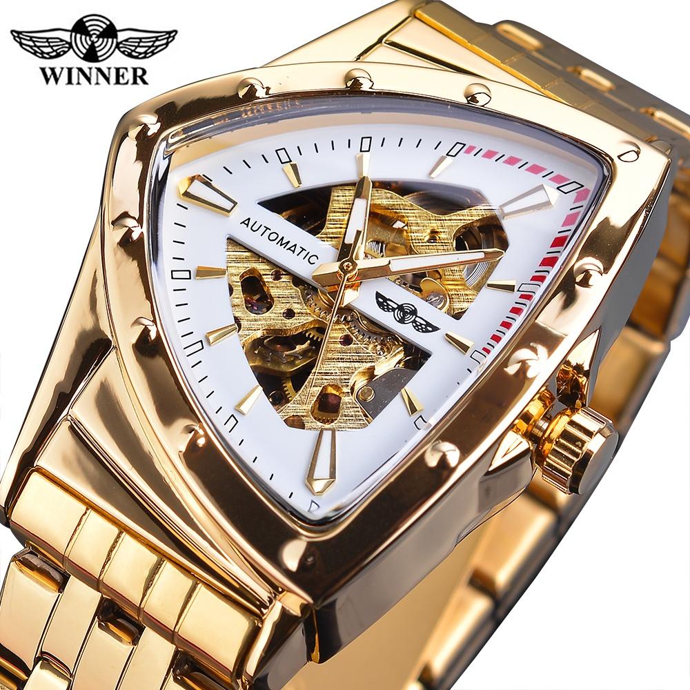 Автоматические механические часы с треугольным корпусом и скелетонированным дизайном, ремень из нержавеющей стали, модные мужские светящиеся наручные часы