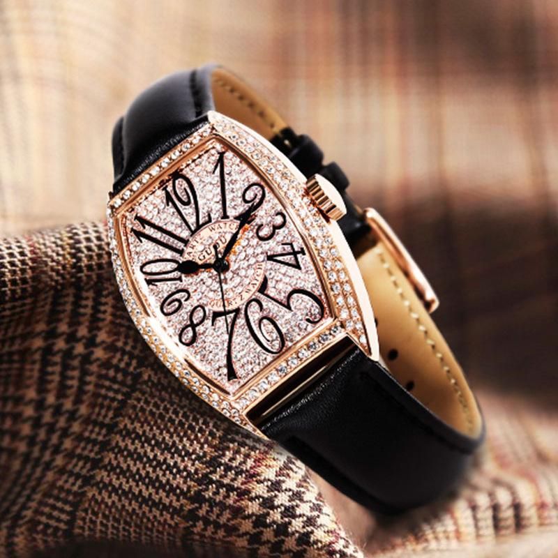 Watch Men's Business Style Atmospheric Rhinestone Watch Barrel-shaped Large Dial Watch Genuine Leather Belt Waterproof Men's Watch