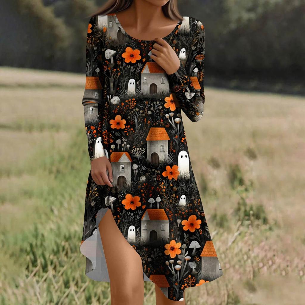 Long Sleeve Dress For Women Casual Loose Fit Print Dress With Pockets