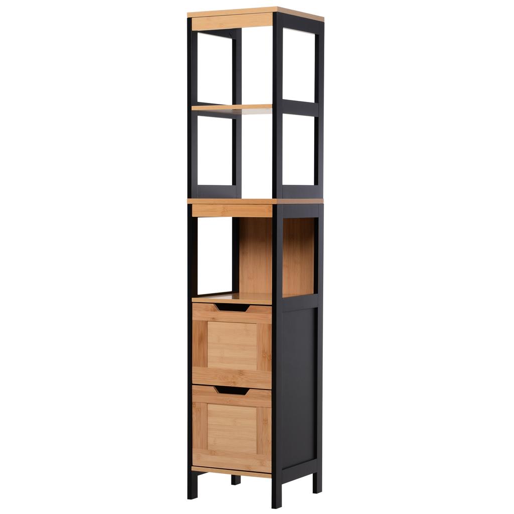 Bathroom Storage Column Cabinet Cozy Style dim. 30L x 30W x 144H cm 3 Shelves 2 Drawers Bamboo Black