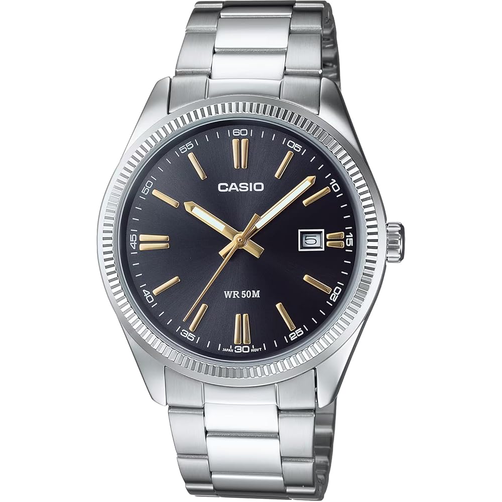 Casio MTP-1302D-1A2V Analog Quartz Men's Watch Silver Metal Band Dark Gray Dial Gold Index