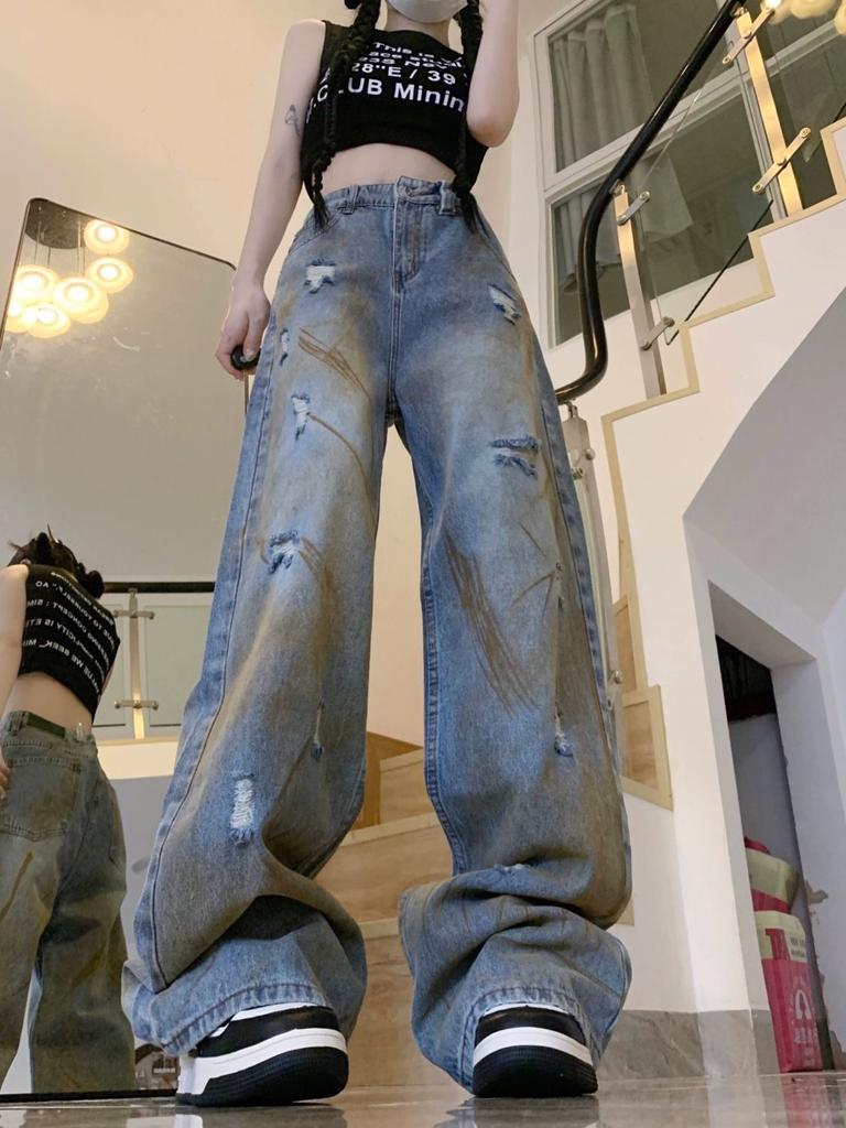 Американский стиль ретро джинсы Wasteland с высокой талией женские свободные повседневные прямые брюки уличная одежда эстетичный дизайн Ins длинные брюки