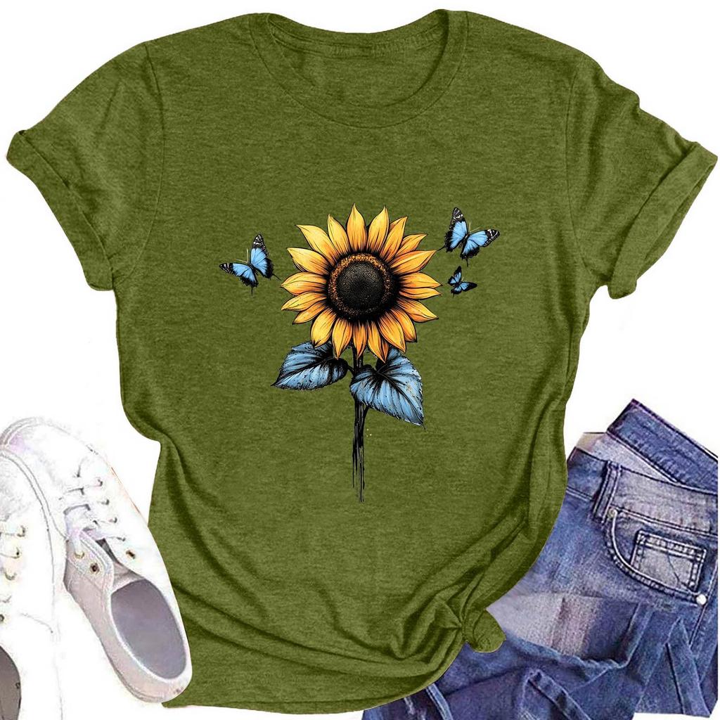 Women's Fashion Round Neck Short Sleeve T-Shirt Sunflower Printed Casual Top