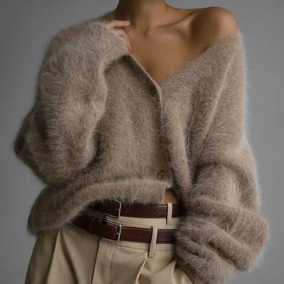 Свитер кардиган осень/зима свободный с длинным рукавом V-образный вырез куртка свитер для женщин