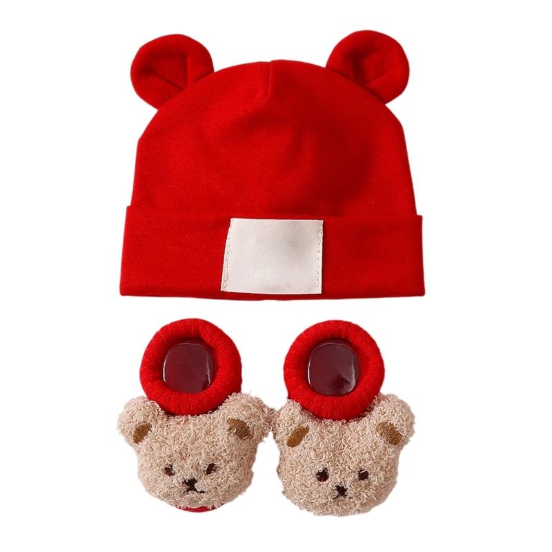 Дышащая детская шапка и носки с ушками Эластичная смесовая ткань Хлопок и Полиэстер Нежное воздейжение на чувствительную кожу Надежная посадка для младенцев