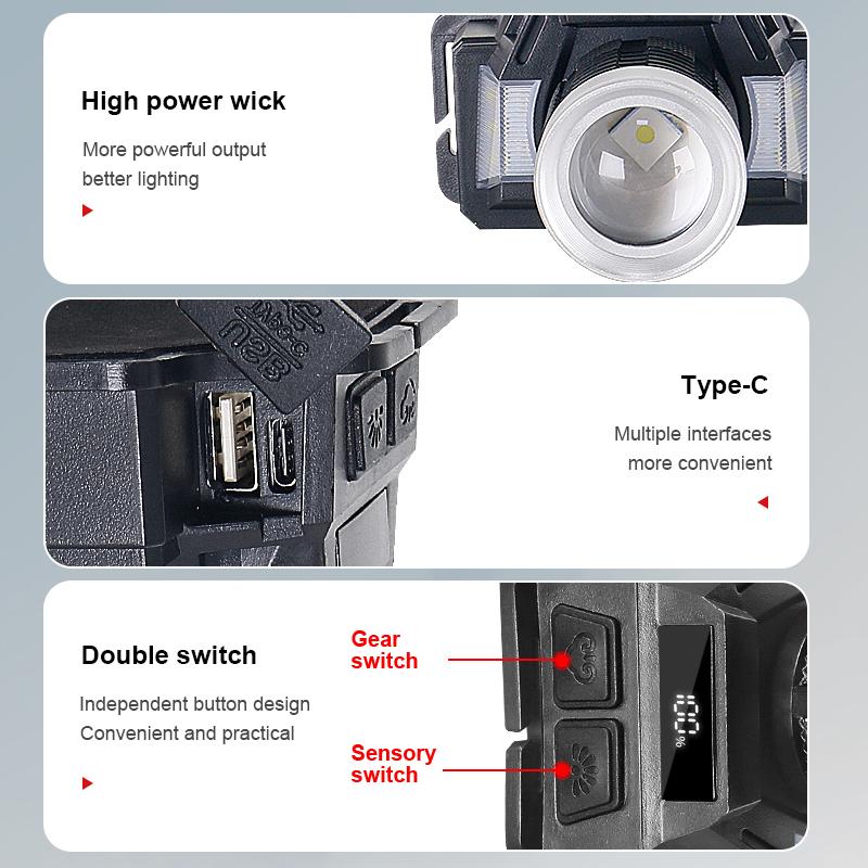 Налобный фонарь с умным датчиком, мощный налобный фонарь 100000LM, масштабируемые фары, регулируемый налобный фонарик, водонепроницаемый налобный фонарь