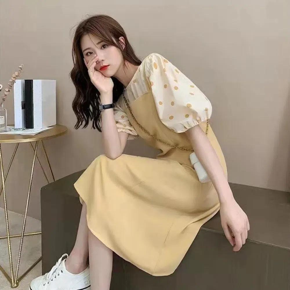 A-line Suspenders Dresses Women Dot T shirt Dress All-match Two Piece Set Dress Student