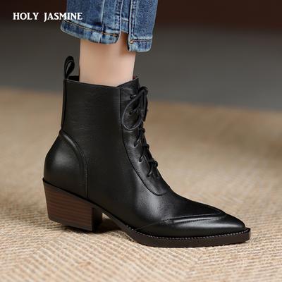 2024 Новые элегантные женские ботильоны на шнуровке, женская обувь на осень-зиму из натуральной кожи на толстом высоком каблуке, офисные женские ботинки