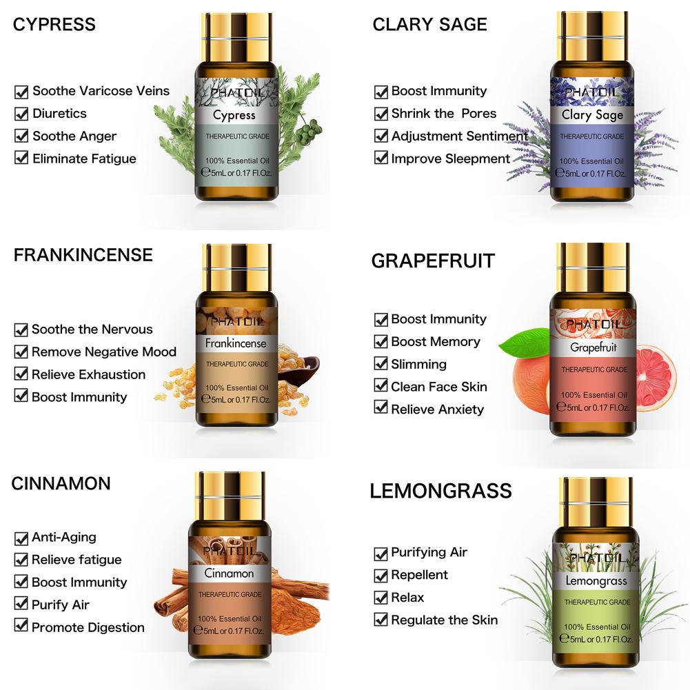 PHATOIL 5ML Rose Jasmine Lavender Plant Essential Oil with Dropper Purify the Air Bactericide Spa Body Care Vanilla Eucalyptus Tea Tree Oil