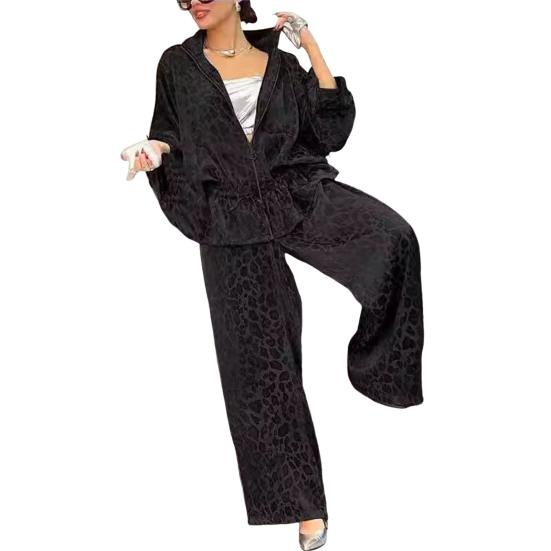 Комплект из 2 предметов: женская рубашка и брюки, леопардовый принт, застежка-молния, длинный рукав, плиссированный топ, свободные широкие брюки, рабочая одежда для поездок на работу