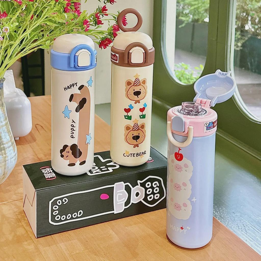 Очаровательная мультяшная термокружка: Портативный, удобный для использования в школе, из нержавеющей стали с откидной крышкой и двойной трубочкой для питья