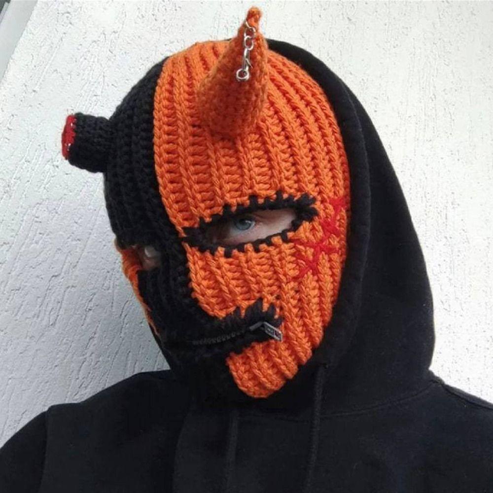 Halloween Knitted Balaclava Hat Full Face Cover Ski Cap Cute Devil Horn Beanie Autumn/Winter
