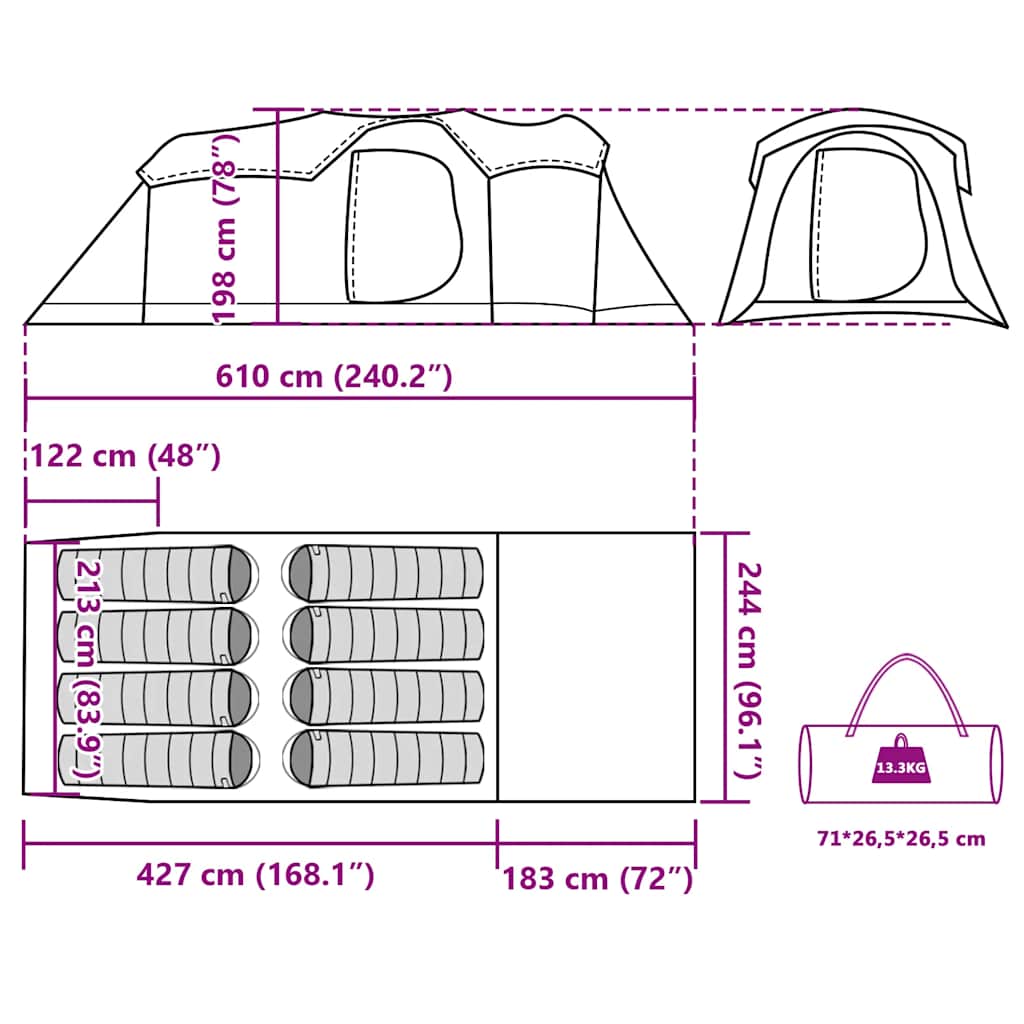 Tunnel Family Tent for 8 Persons Green Waterproof