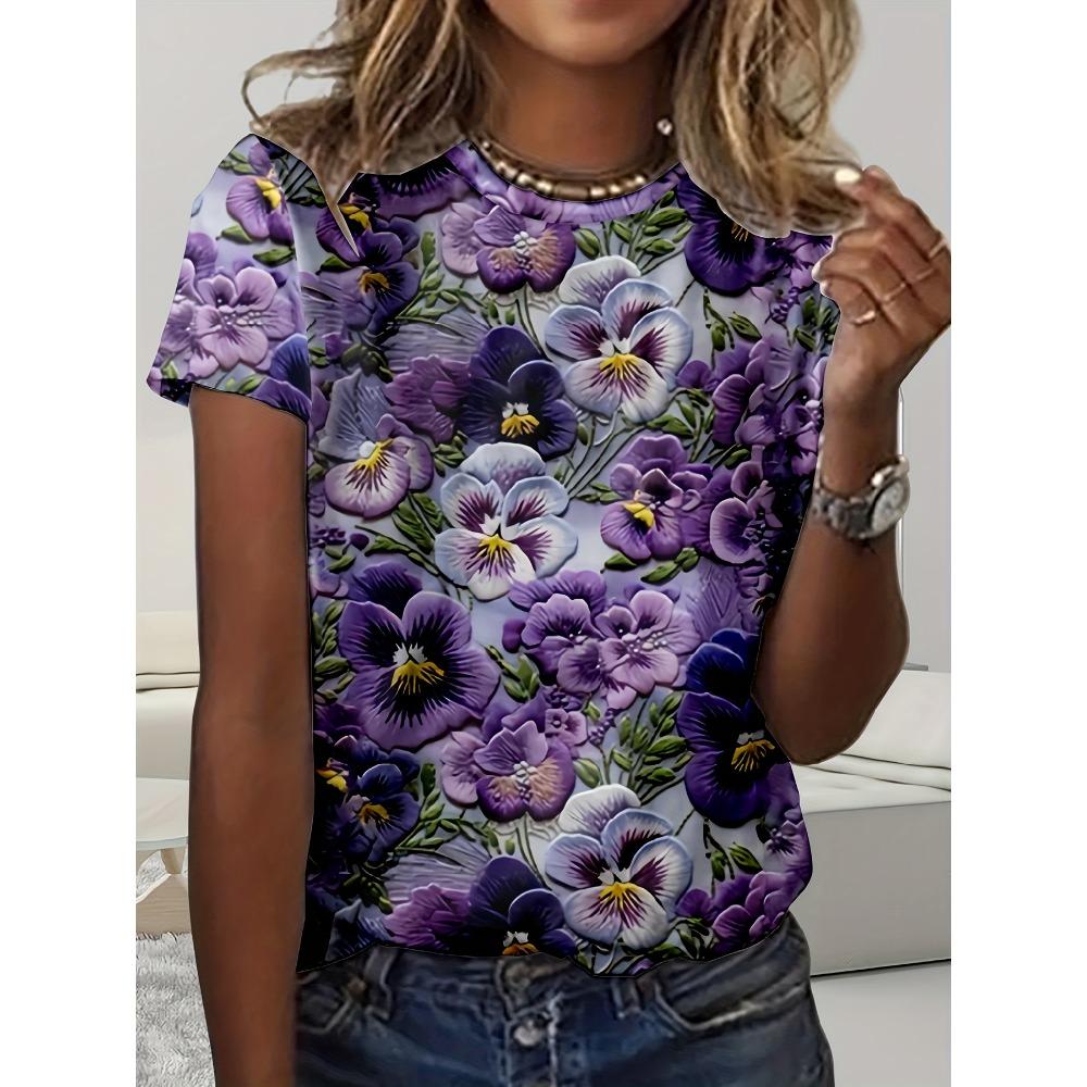 Colorful Flower Pattern Women Loose Round Neck Tshirt Women Top T Shirt Fashion Tee Quick Drying Clothing Trendy Vacation Tee