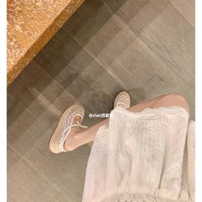 Су Иинь та же сетчатая пеньковая веревка танкетка бант Мэри Джейн сумка голова отпуск шлепанцы женские круглый носок высокий каблук сандалии