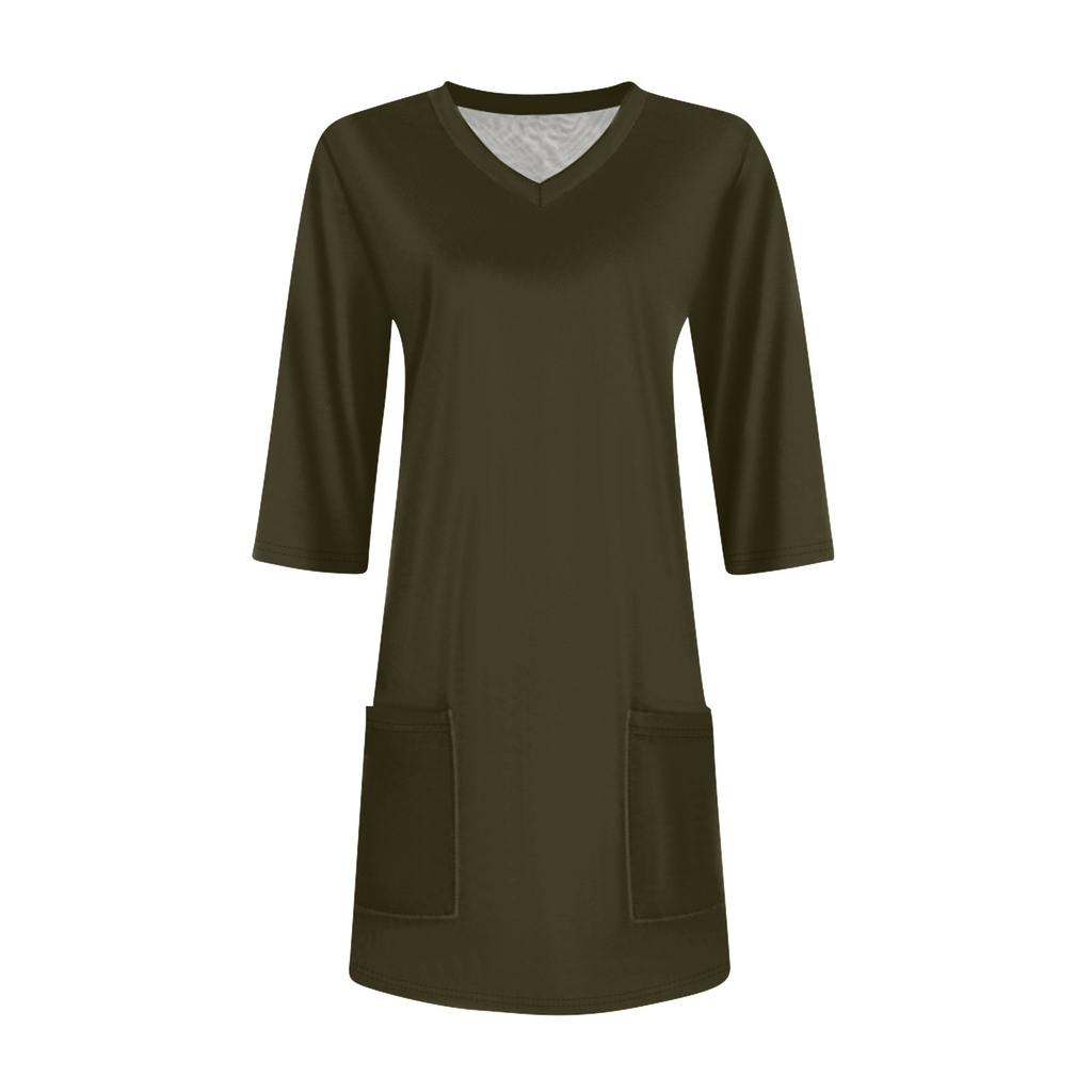 Womens Tops V-neck 3/4 Sleeve Blouses Casual Mid-length Shirts Fashion Print Tunic Tops With Pockets