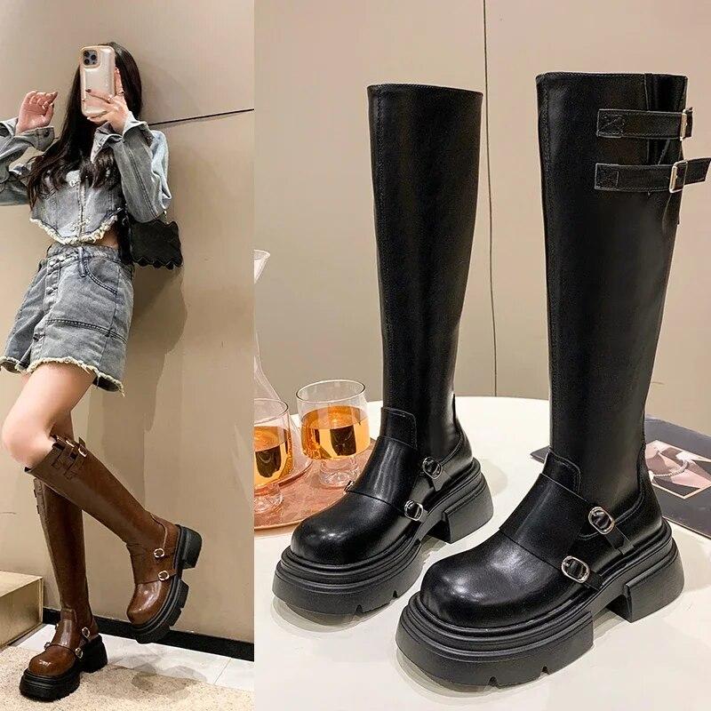 Женские ботинки до колена на платформе с шипами, весенне-зимние рыцарские армейские готические элегантные женские туфли на среднем каблуке, мотоциклетная обувь