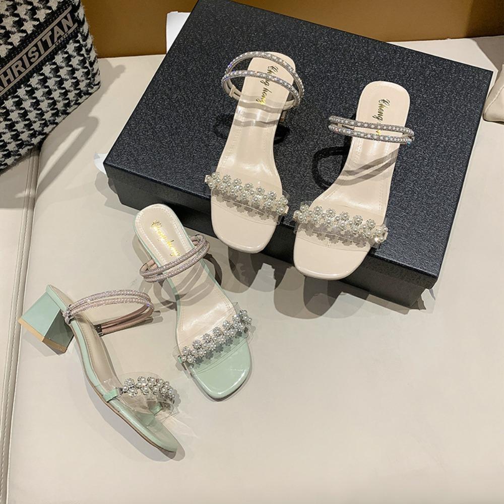 Crystal Pearl Two-Way Chunky Heel Sandals Summer Square Toe Low-Cut Women's Slippers High Heel Sandals