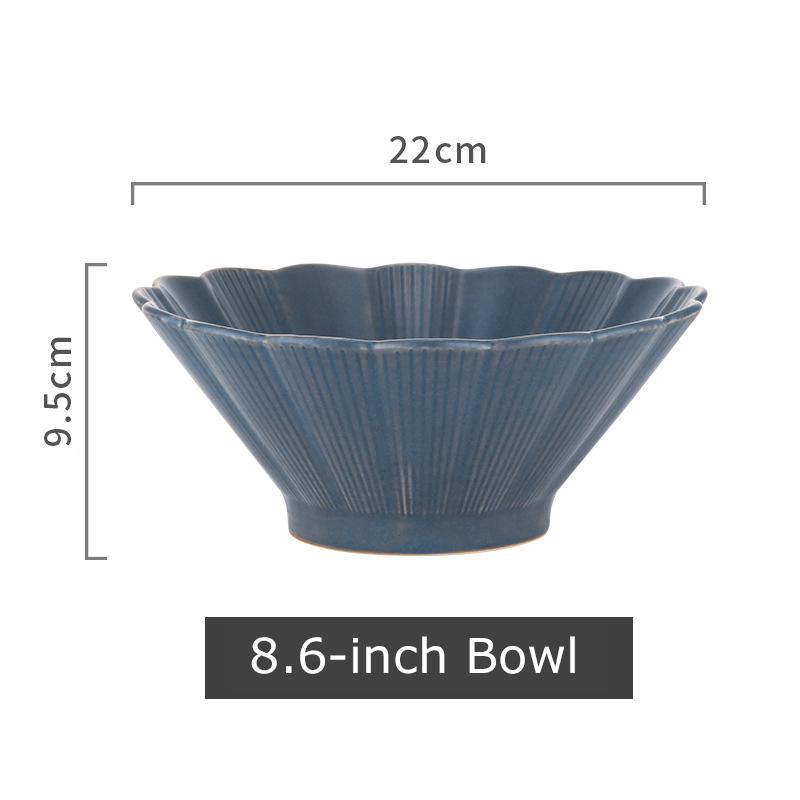 Japanese Ramen Bowl Ceramic White Blue Glazed Noodle Bowl Flower-shaped Big Pasta Rice Soup Bowl Microwave Safe Mixing Bowl