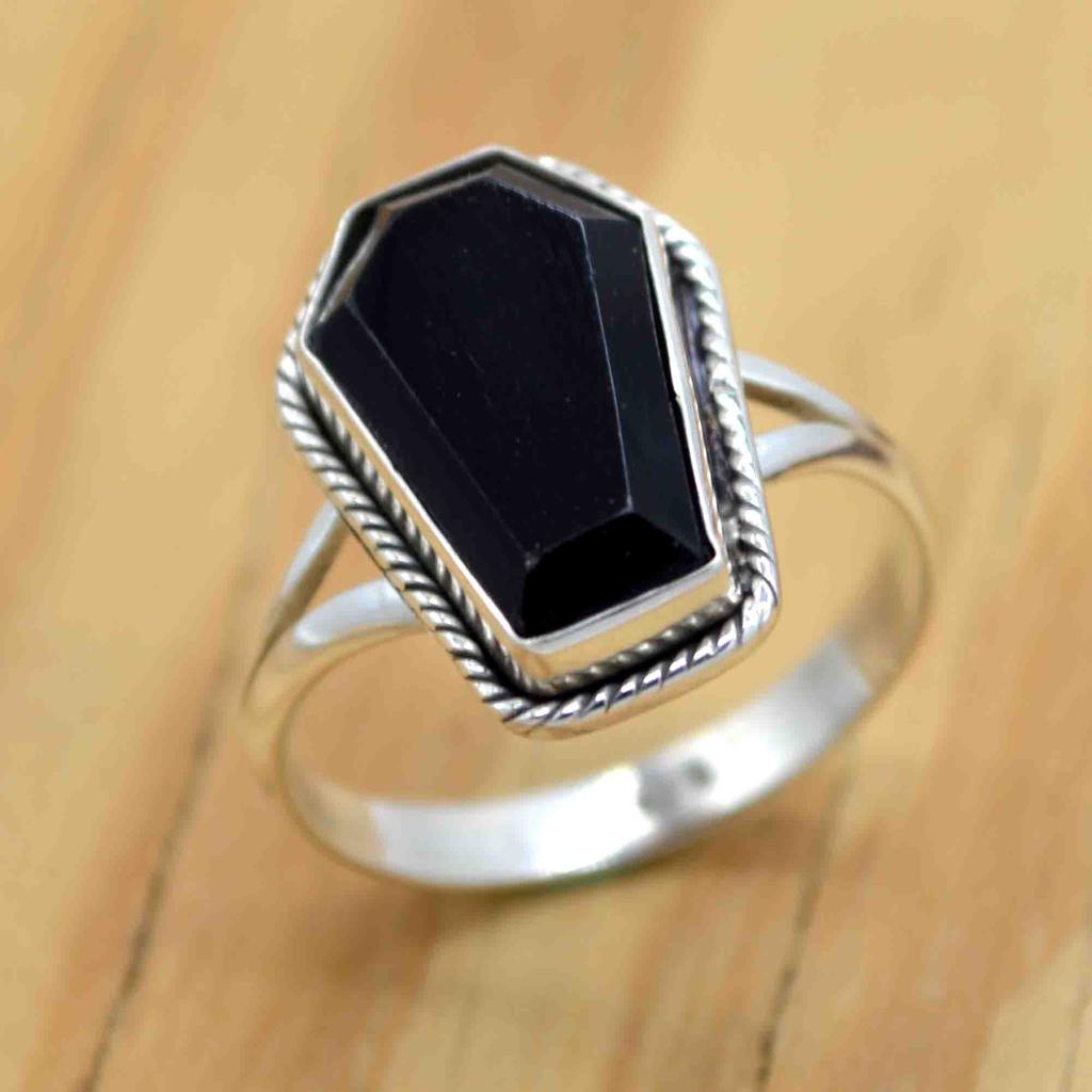 Black Onyx 925 Sterling Silver Coffin Ring, Onyx Gemstone Handmade Women Coffin Ring