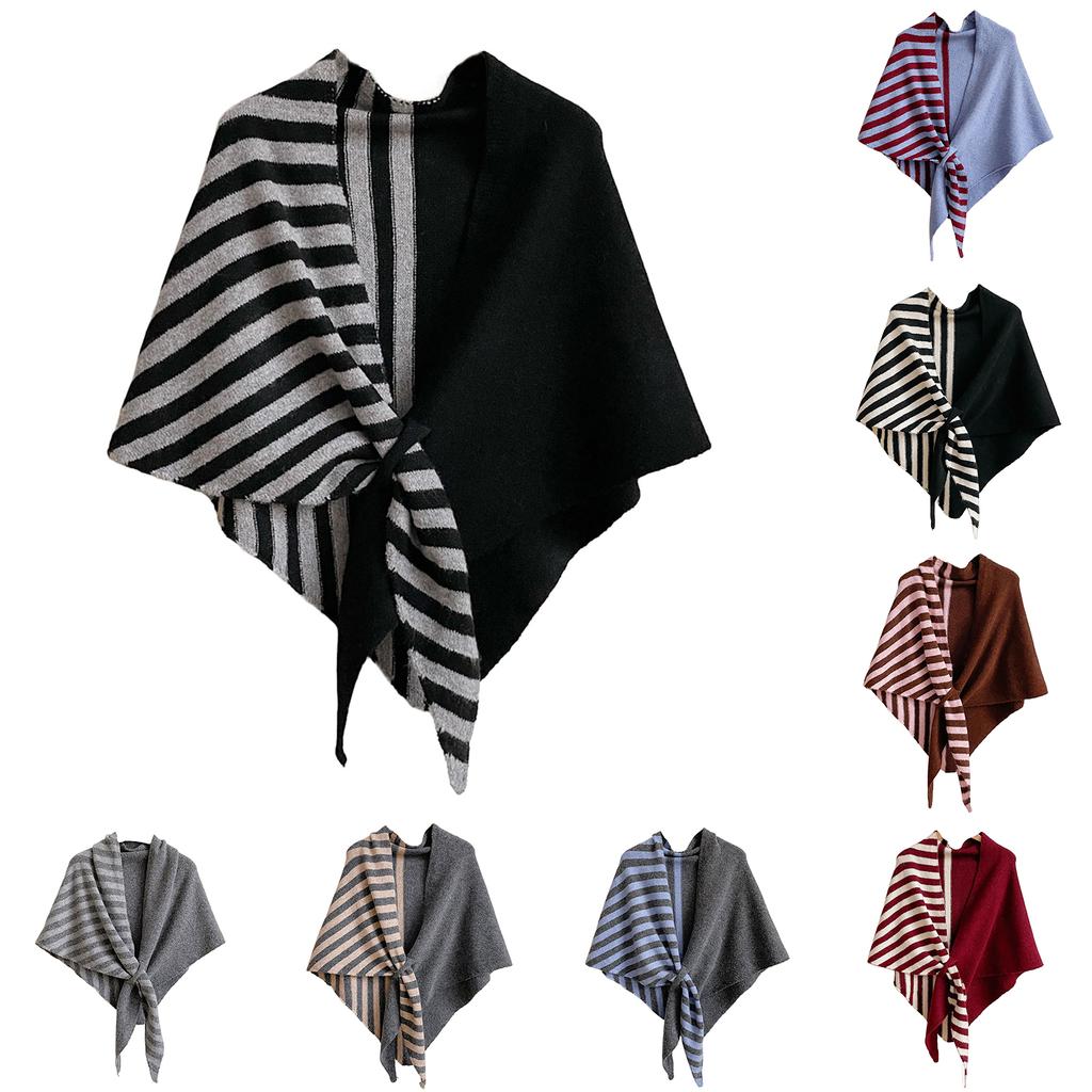 Women's Fashionable Striped Print Knitted Shawl Wool Open Collar Shoulder Top Shawl Scarf