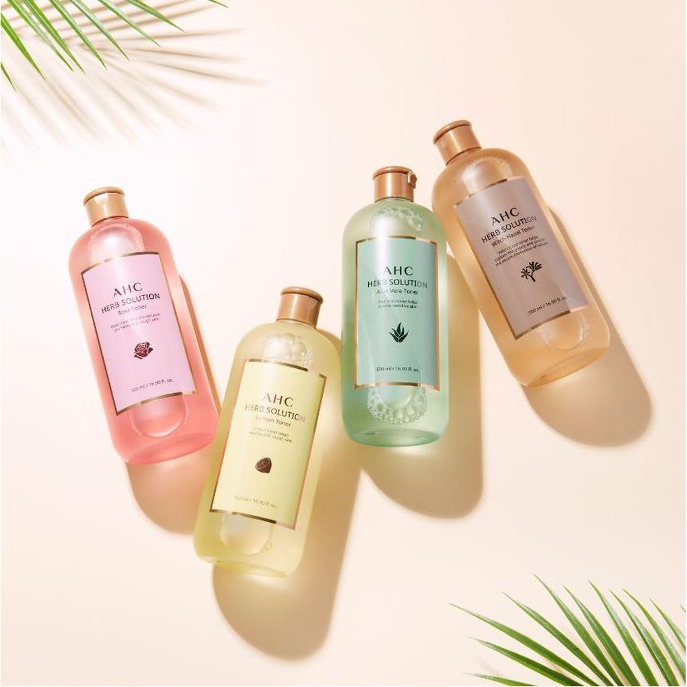 AHC Herb Solution Rose Toner 500ml + Rosemary Mask Pack 10pcs - Hydrating Care, Korean
