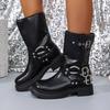 Four Seasons Platform Single Boots Women'S Fashion Round Toe Studded Metal Buckle Block Heel Mid-Leg Boots