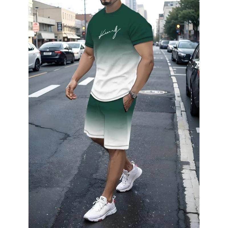Men's Outfit, Gradient Color King Graphic Print Casual Crew Neck Short Sleeve T-Shirt & Shorts 2-piece Set For Summer Outdoor Activities