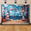 Nautical themed backdrop - sailboat, shells and starfish pattern, perfect for summer parties and birthday celebrations