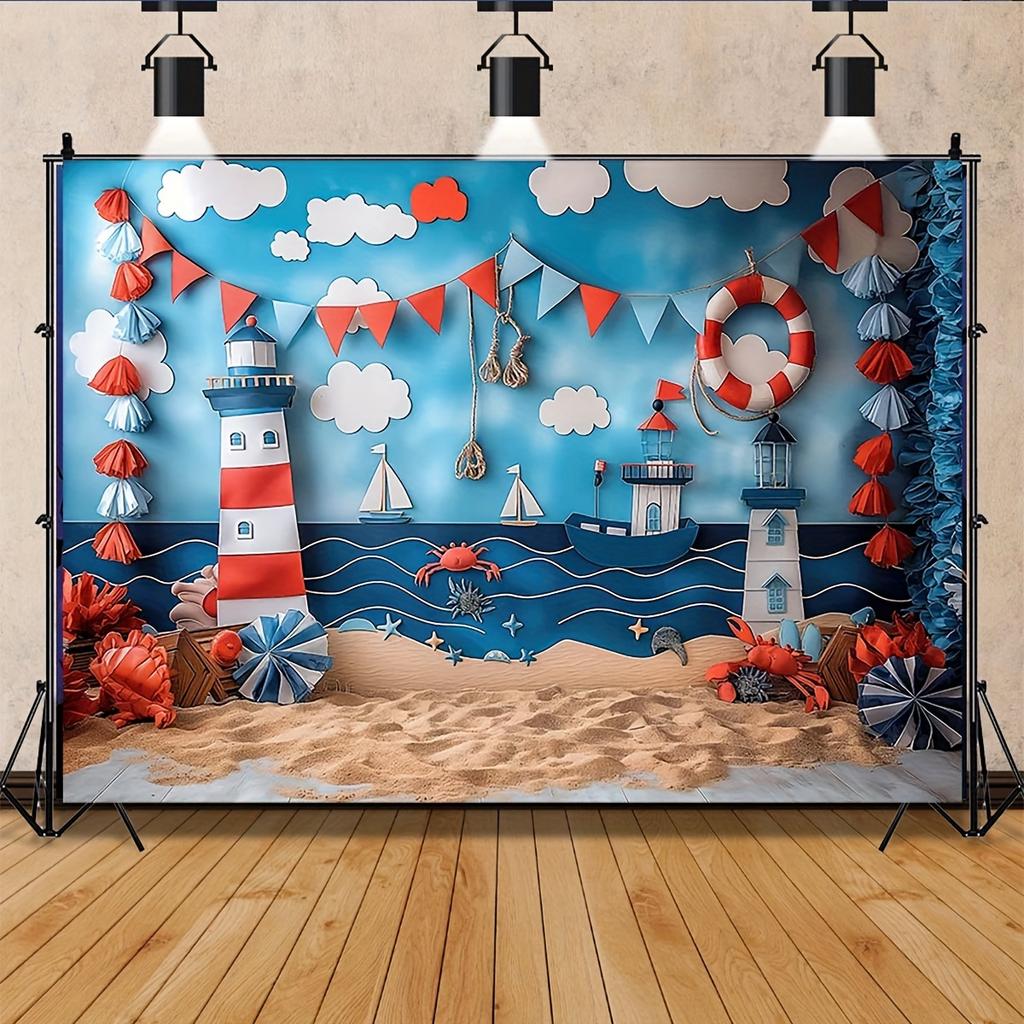Nautical themed backdrop - sailboat, shells and starfish pattern, perfect for summer parties and birthday celebrations