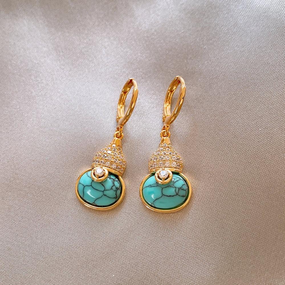 Diamond-encrusted Turquoise Gourd Ear Buckle Elegant Retro Versatile Earrings Personalized and Unique Temperament Earrings