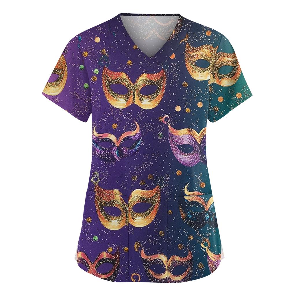 Женская мода V-образный вырез короткий рукав комбинезон с карманами принт топы одежда