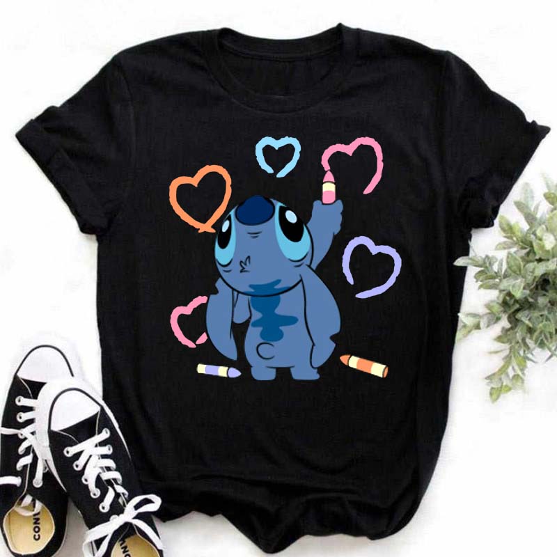 Disney Lilo Stitch Cute Cartoon Print Women T-Shirt Summer Streetwear Short Sleeve T Shirt Fashion Casual Female Clothes Tops