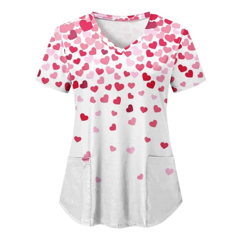 Топы женские хирургические с принтом медсестры с коротким рукавом и V-образным вырезом с рисунком Рабочие футболки с принтом сердца Медицинская туника для сиделок Рабочая одежда Топы