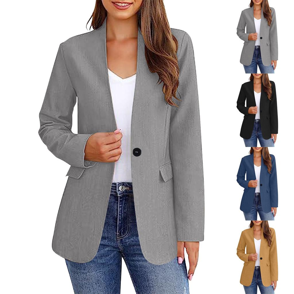 Women's Fashion Casual Solid Color Long Sleeved Button Up Suit Collar Jacket Temperament Jacket