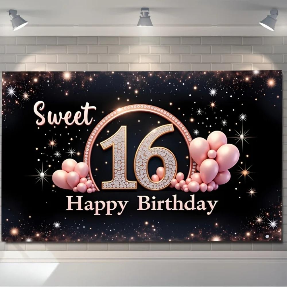 Golden Pink Balloon Diamond Rose Themed Banner Background Decorated Photography Background for Teenagers' 16th Birthday Party